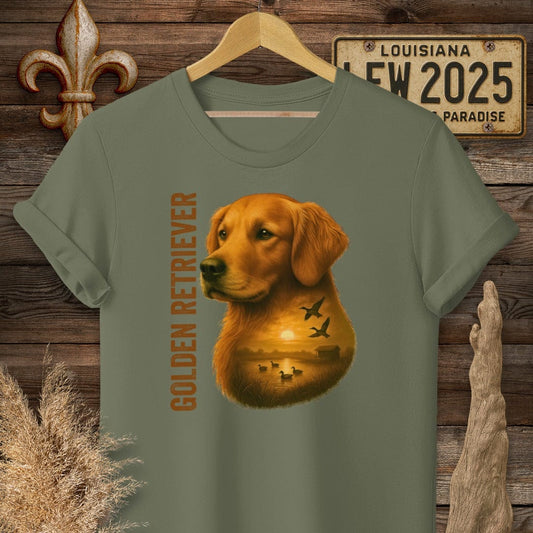 S / Military Green Louisiana Golden Retriever Hunting Dog T-Shirt by Laissez Faire Wear