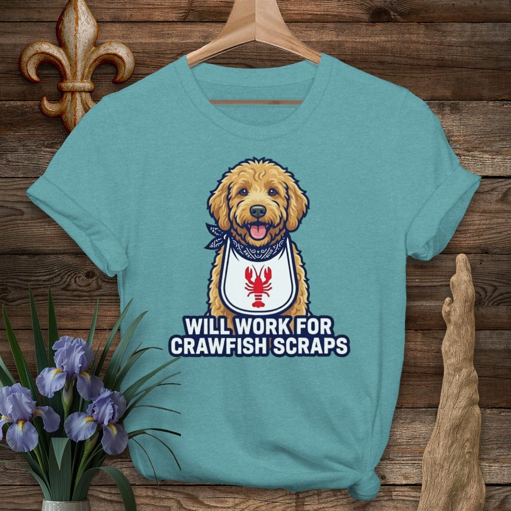 S / Heather Galapagos Blue Louisiana Goldendoodle Crawfish Scraps T-Shirt by Laissez Faire Wear