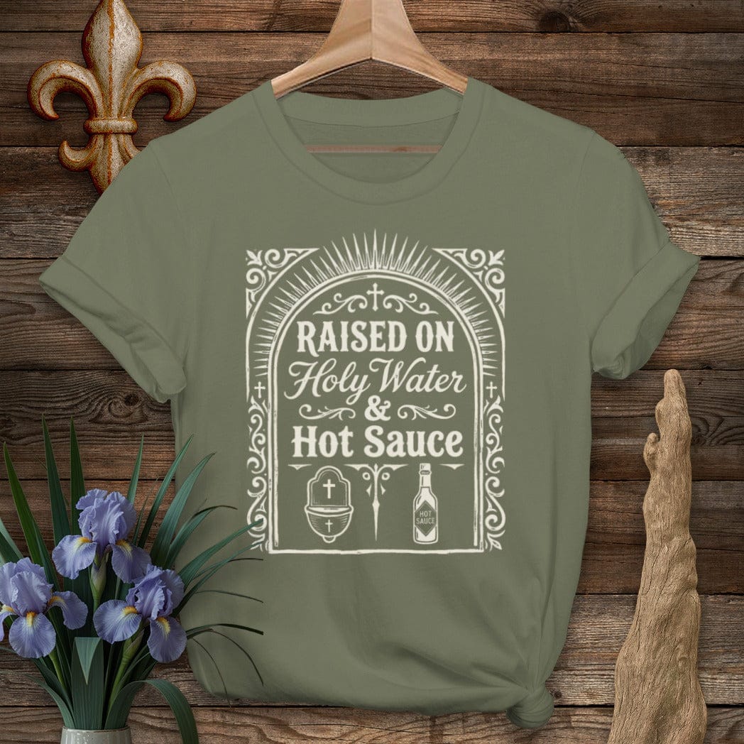 S / Military Green Louisiana Holy Water & Hot Sauce T-Shirt by Laissez Faire Wear