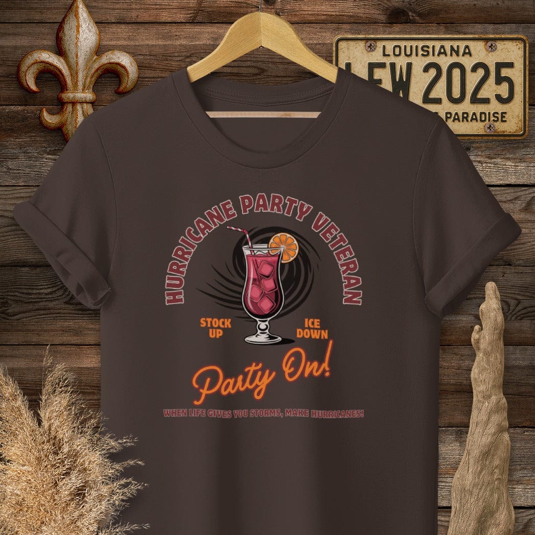 S / Dark Chocolate Louisiana Hurricane Party Veteran T-Shirt by Laissez Faire Wear