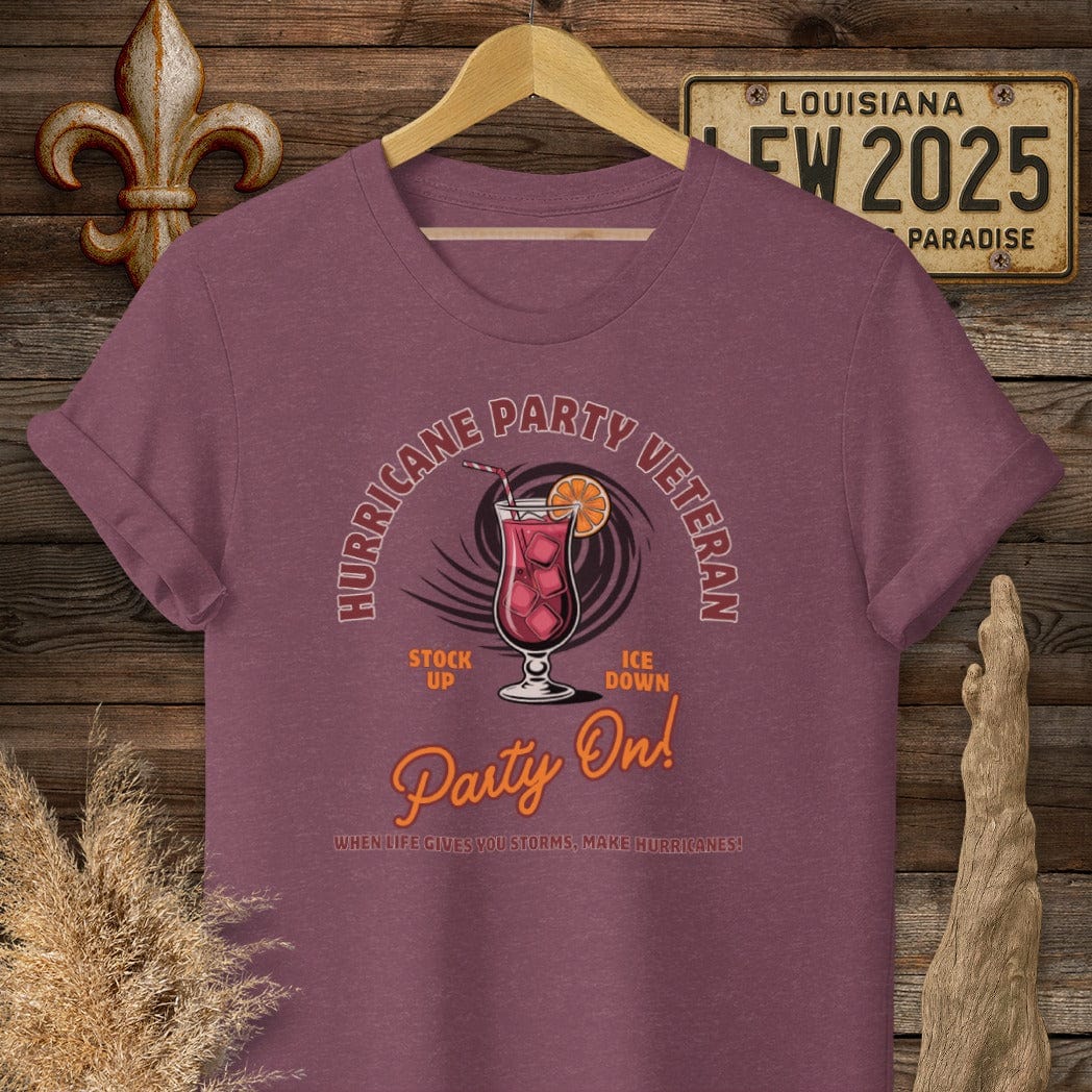S / Heather Maroon Louisiana Hurricane Party Veteran T-Shirt by Laissez Faire Wear