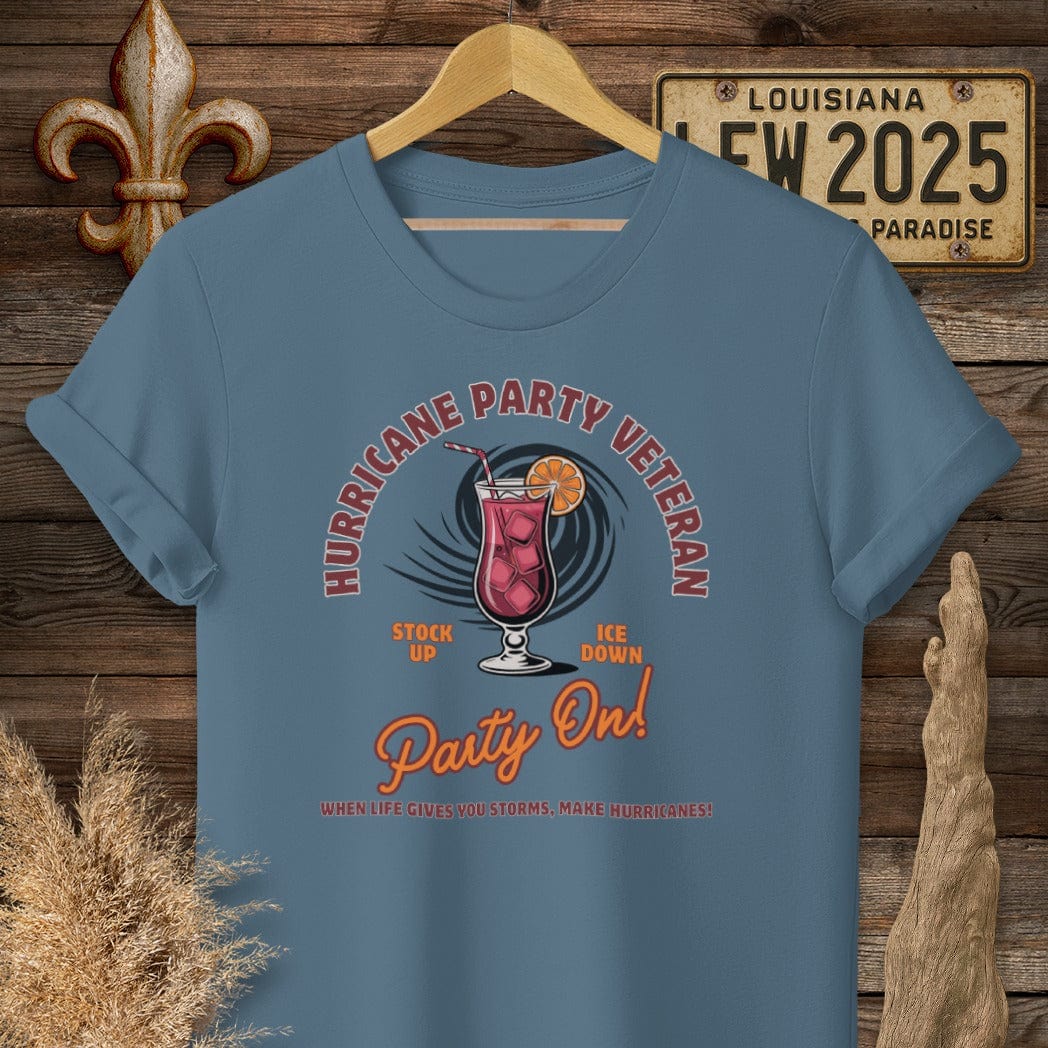 S / Indigo Blue Louisiana Hurricane Party Veteran T-Shirt by Laissez Faire Wear
