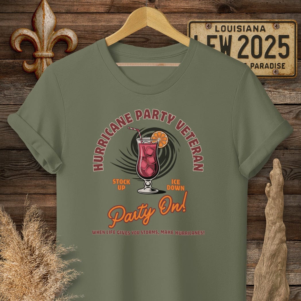 S / Military Green Louisiana Hurricane Party Veteran T-Shirt by Laissez Faire Wear