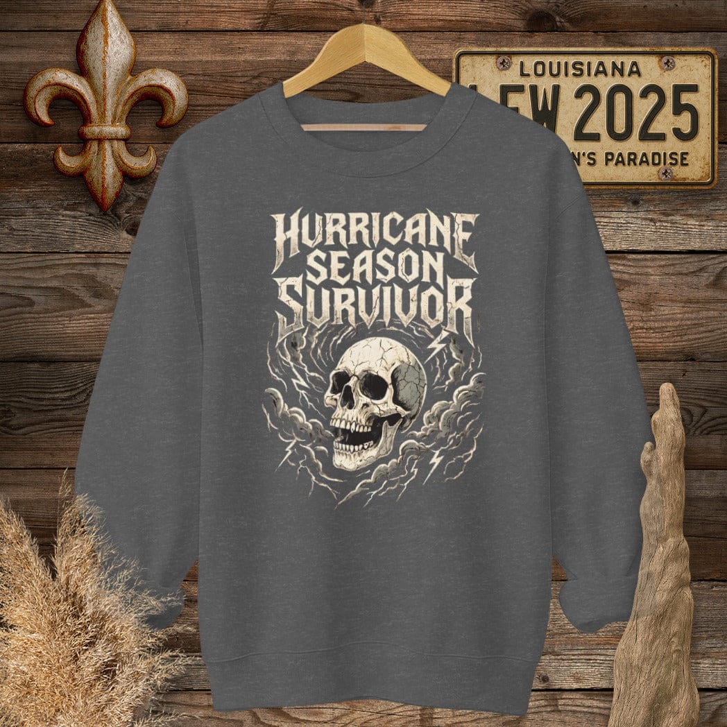 S / Dark Heather Louisiana Hurricane Season Survivor Sweatshirt by Laissez Faire Wear