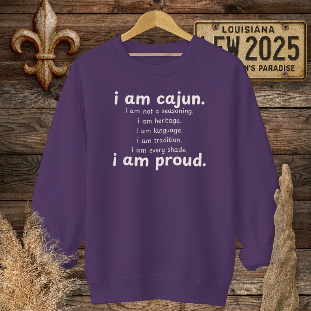 S / Purple Louisiana I Am Cajun Sweatshirt by Laissez Faire Wear