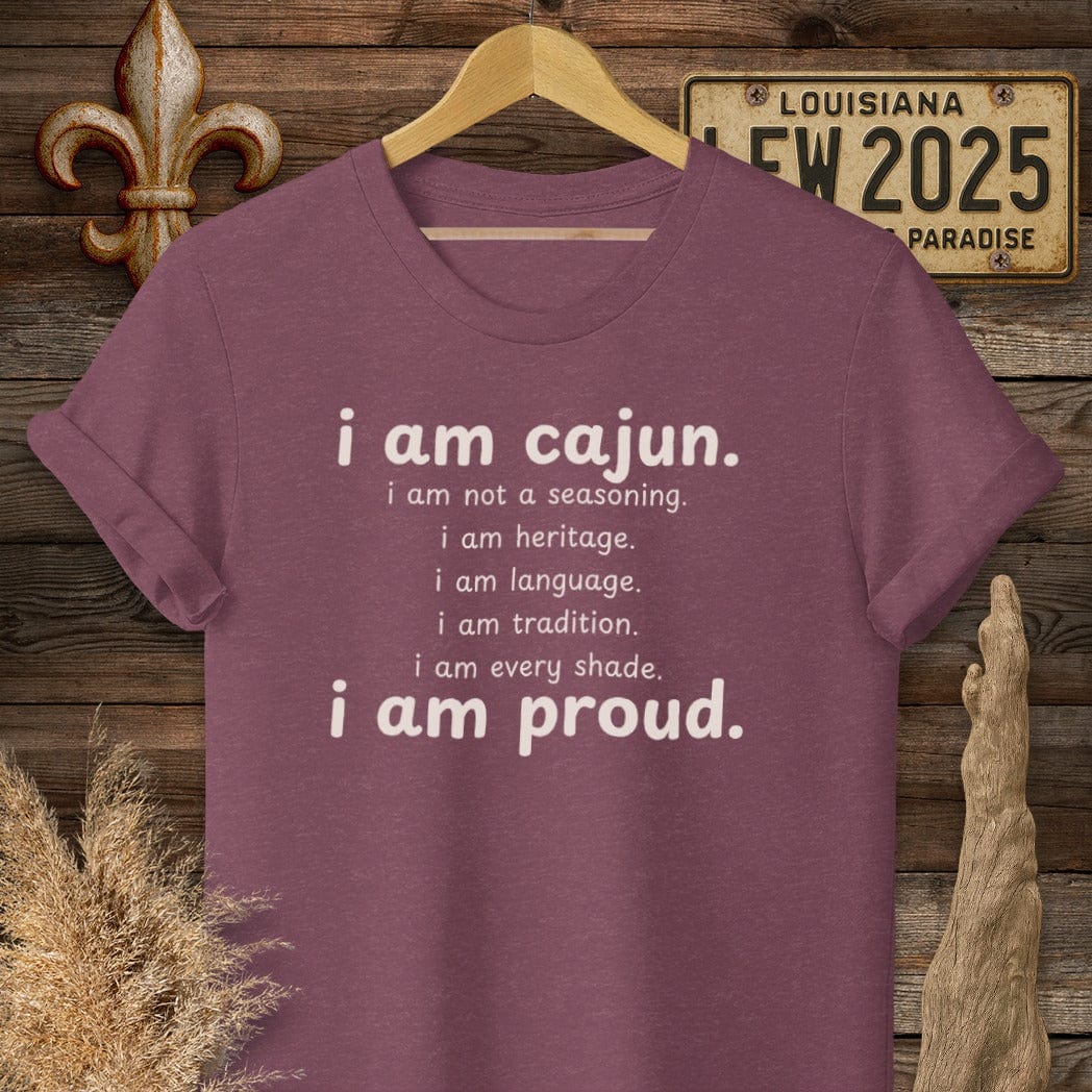 S / Heather Maroon Louisiana I Am Cajun T-Shirt by Laissez Faire Wear