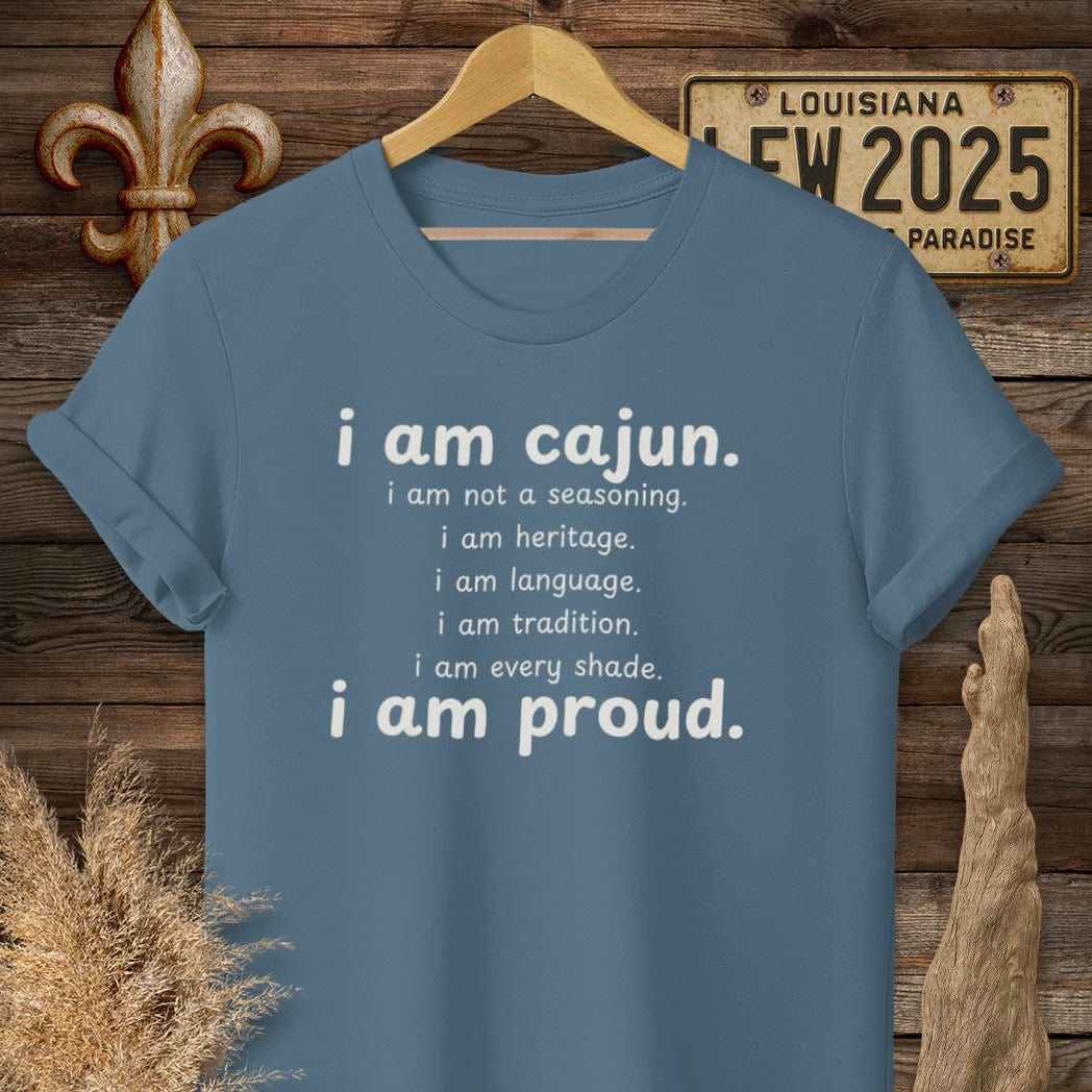S / Indigo Blue Louisiana I Am Cajun T-Shirt by Laissez Faire Wear