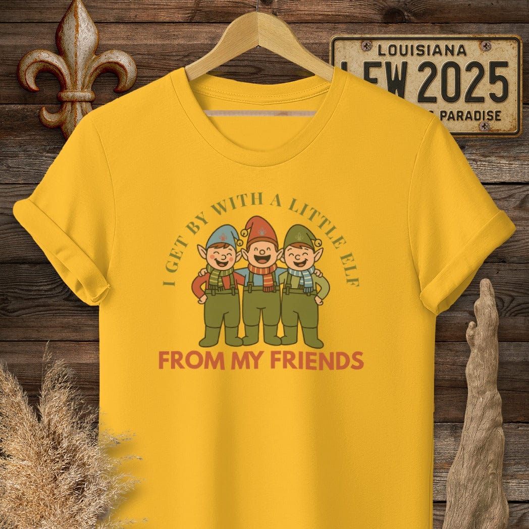 S / Gold Louisiana I Get By With A Little Elf Christmas T-Shirt by Laissez Faire Wear