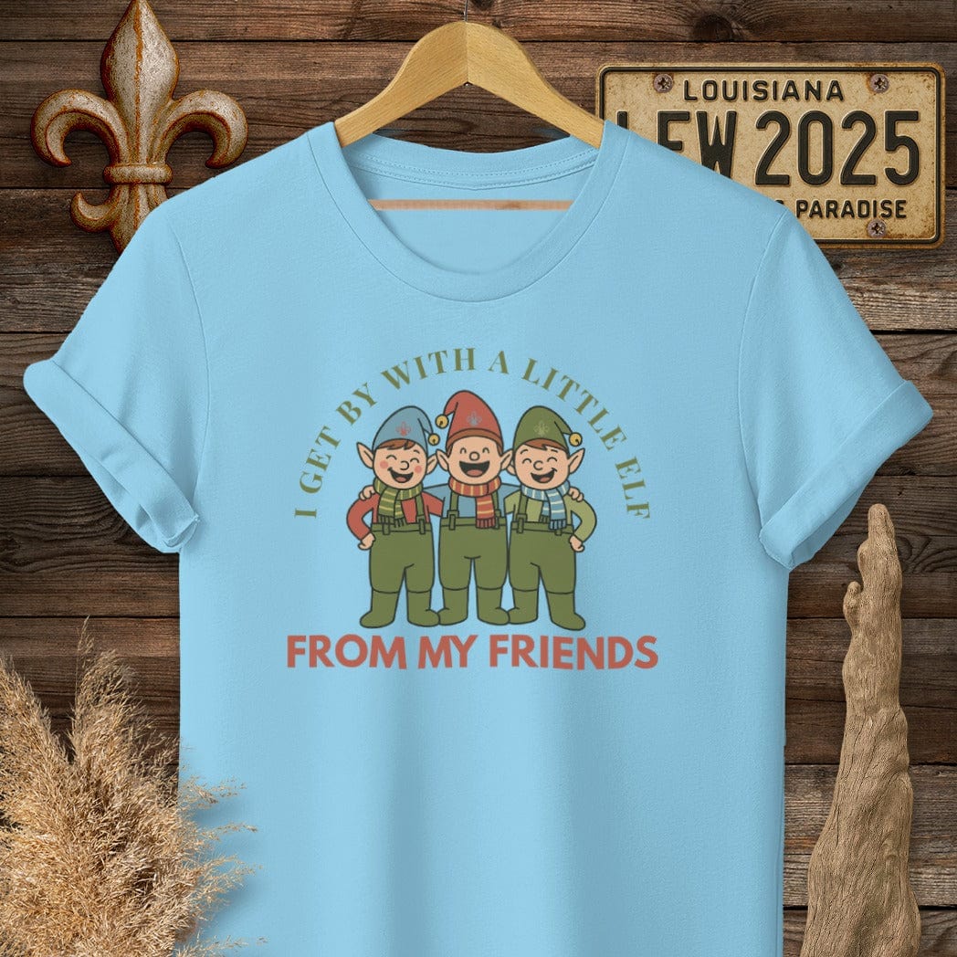 S / Sky Louisiana I Get By With A Little Elf Christmas T-Shirt by Laissez Faire Wear