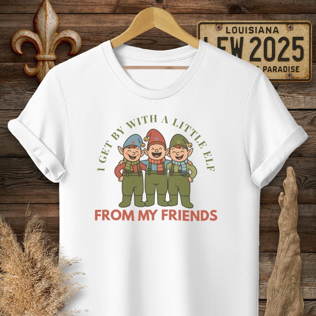 S / White Louisiana I Get By With A Little Elf Christmas T-Shirt by Laissez Faire Wear