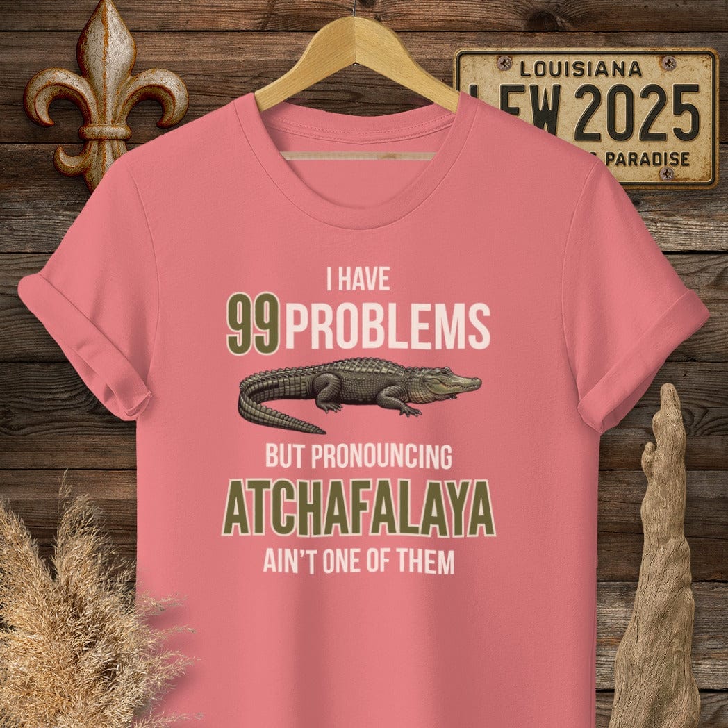 S / Coral Silk Louisiana I Have 99 Problems...Pronouncing Atchafalaya Ain't One T-Shirt by Laissez Faire Wear