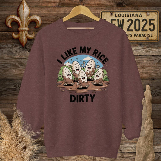 S / Heather Sport Dark Maroon Louisiana I Like My Rice Dirty Sweatshirt by Laissez Faire Wear