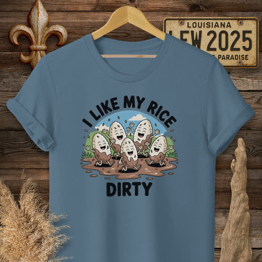 S / Indigo Blue Louisiana I Like My Rice Dirty T-Shirt by Laissez Faire Wear
