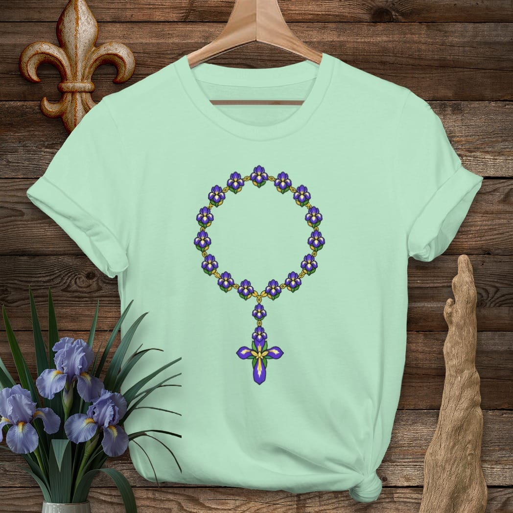 S / Mint Green Louisiana Iris Rosary Beads T-Shirt by Laissez Faire Wear