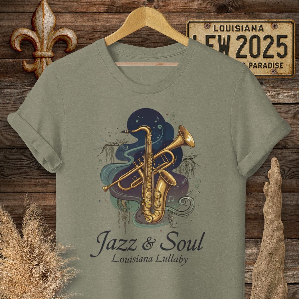 S / Heather Military Green Louisiana Jazz & Soul T-Shirt by Laissez Faire Wear