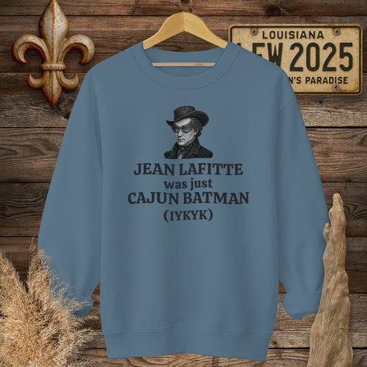 S / Indigo Blue Louisiana Jean Lafitte Was Just Cajun Batman Sweatshirt by Laissez Faire Wear