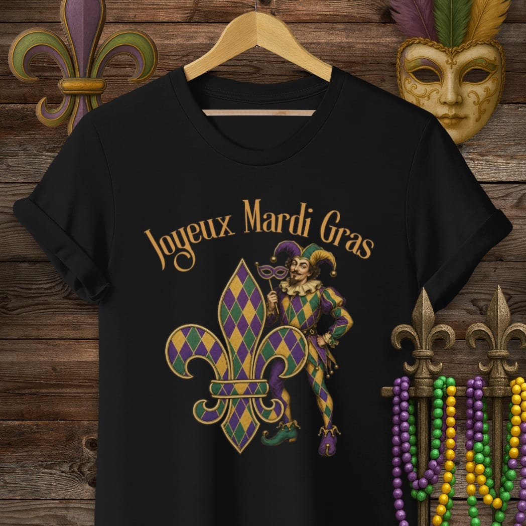 S / Black Louisiana Joyeux Mardi Gras T-Shirt by Laissez Faire Wear