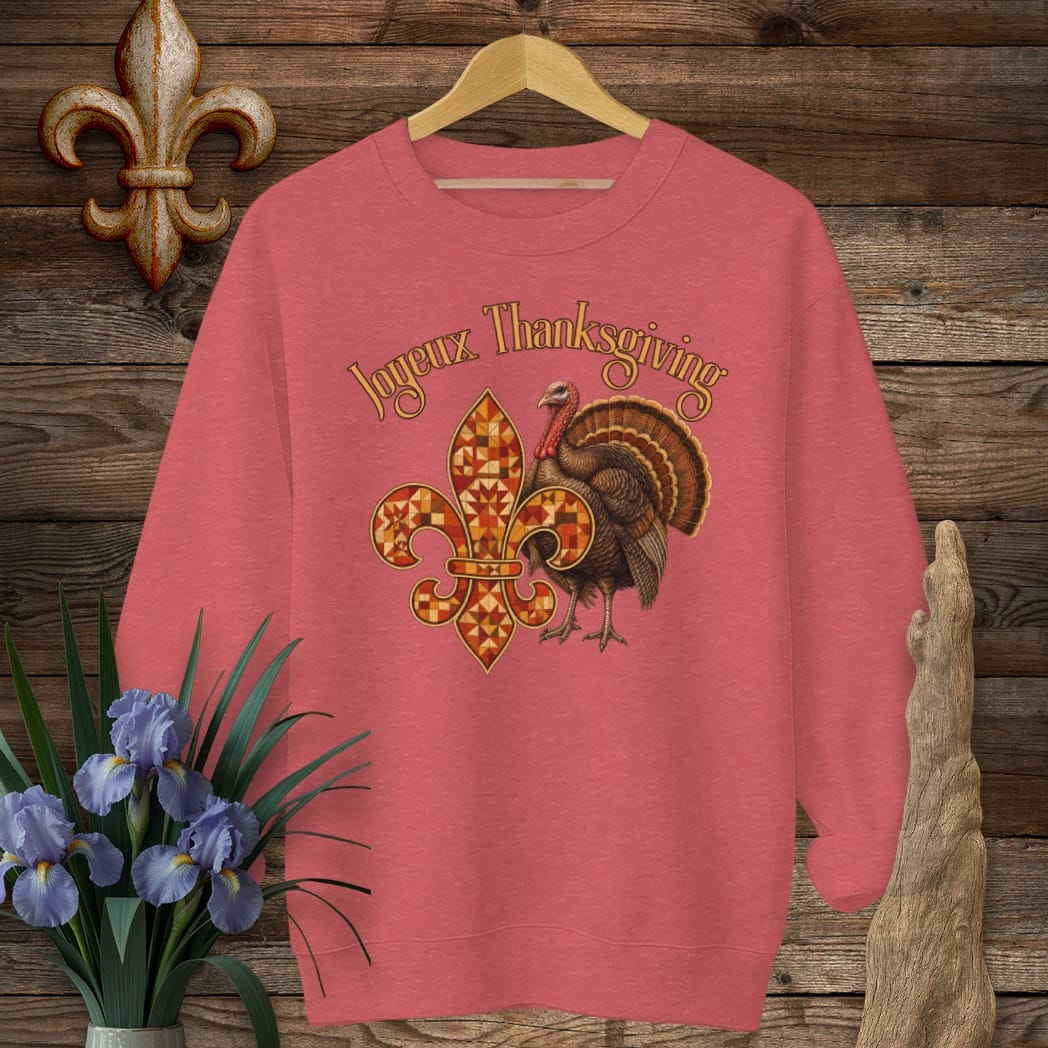 S / Heather Scarlet Red Louisiana Joyeux Thanksgiving Sweatshirt by Laissez Faire Wear