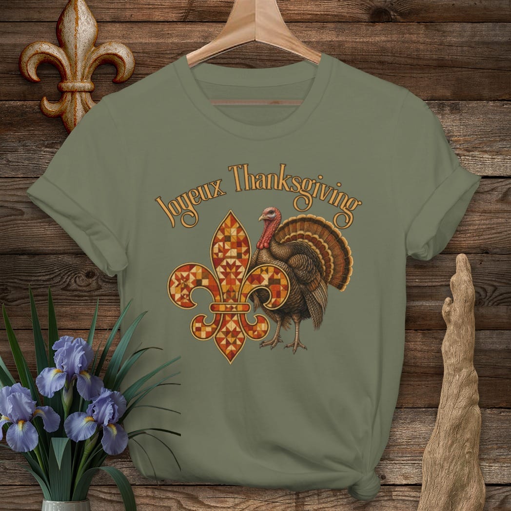 S / Military Green Louisiana Joyeux Thanksgiving T-Shirt by Laissez Faire Wear