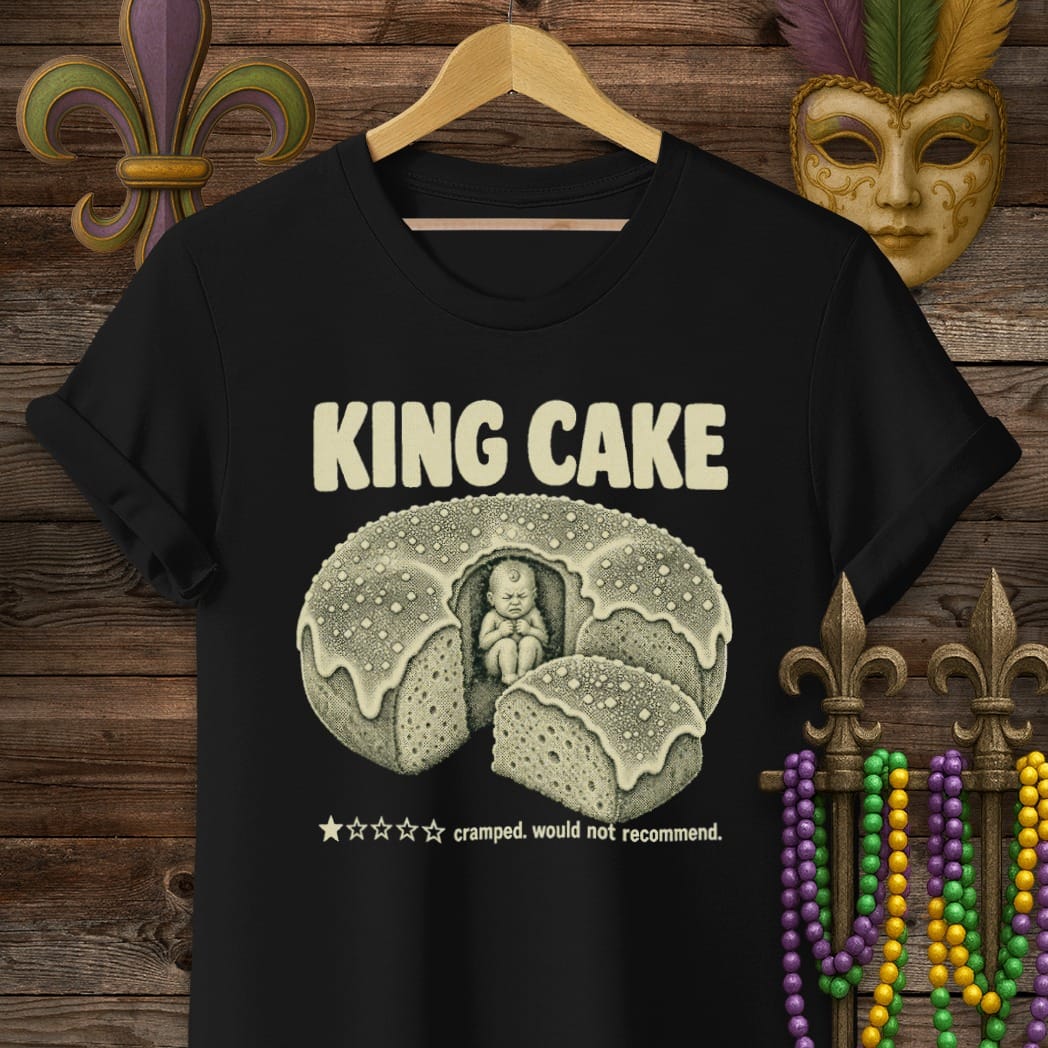 S / Black Louisiana King Cake Baby Review T-Shirt by Laissez Faire Wear