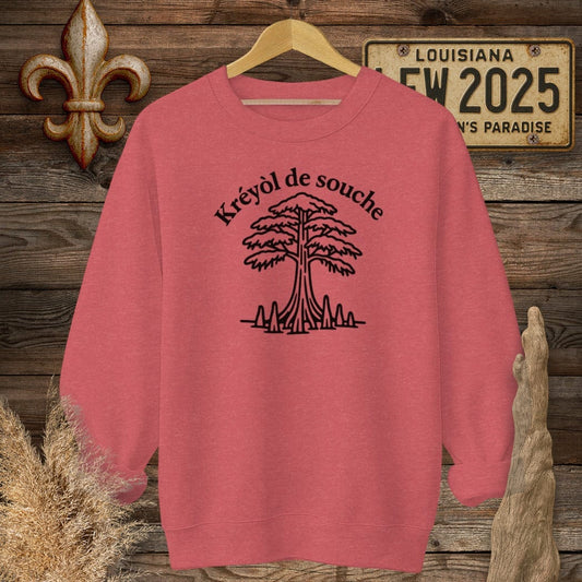 S / Heather Scarlet Red Louisiana Kreyol de Souche (Native Creole) Sweatshirt by Laissez Faire Wear