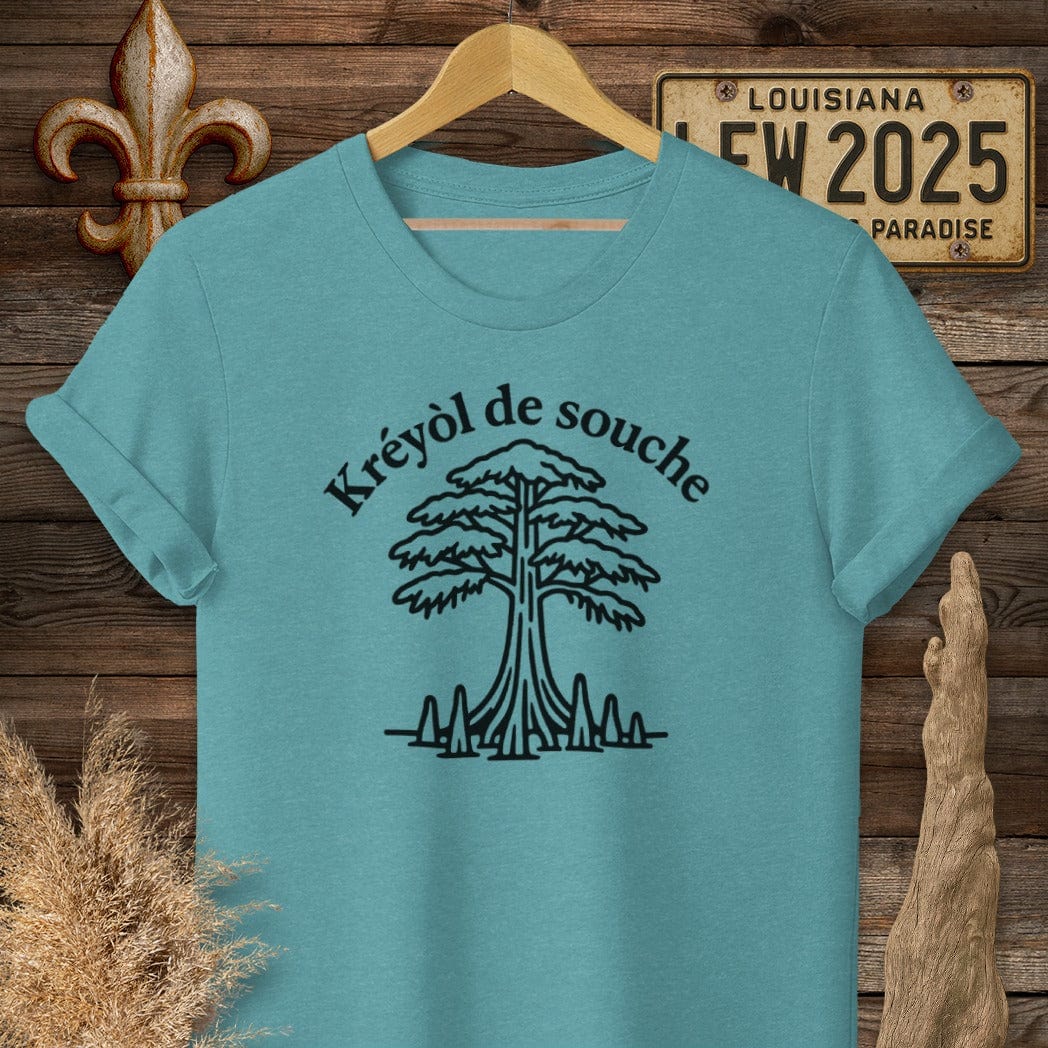 S / Heather Galapagos Blue Louisiana Kreyol de Souche (Native Creole) T-Shirt by Laissez Faire Wear