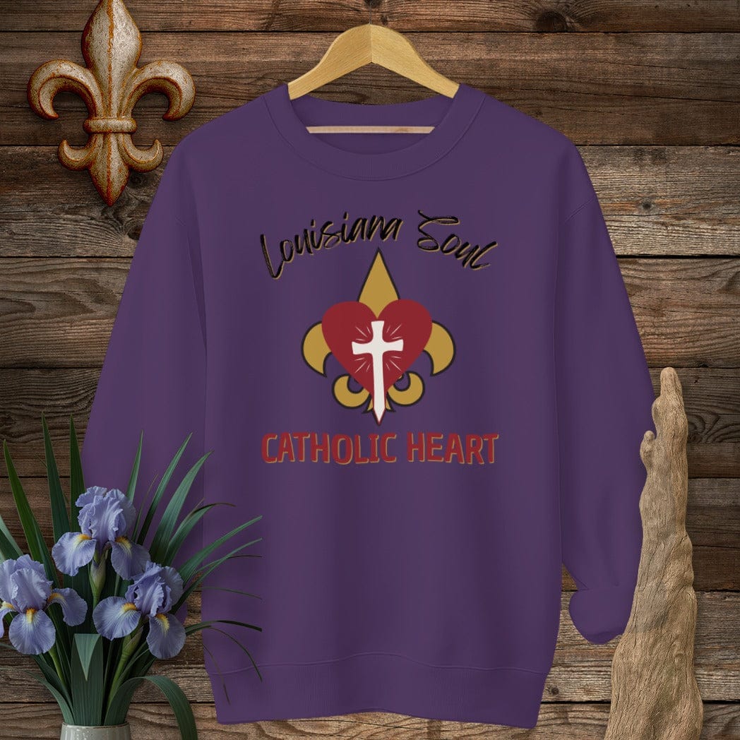 S / Purple Louisiana LA Soul, Catholic Heart Sweatshirt by Laissez Faire Wear