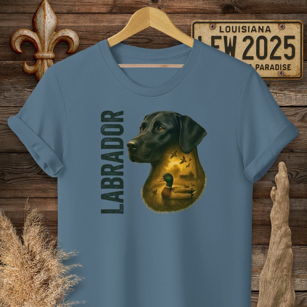 S / Indigo Blue Louisiana Labrador Retriever Hunting Dog T-Shirt by Laissez Faire Wear