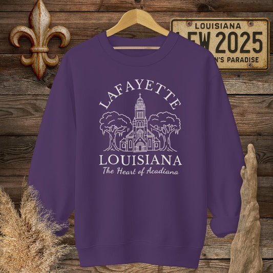 S / Purple Louisiana Lafayette - Heart of Acadiana Heritage Sweatshirt by Laissez Faire Wear