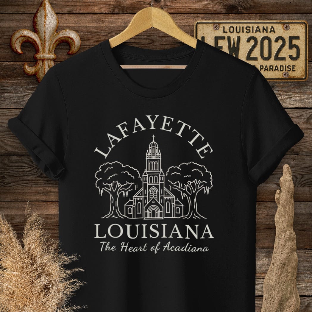 S / Black Louisiana Lafayette - Heart of Acadiana Heritage T-Shirt by Laissez Faire Wear