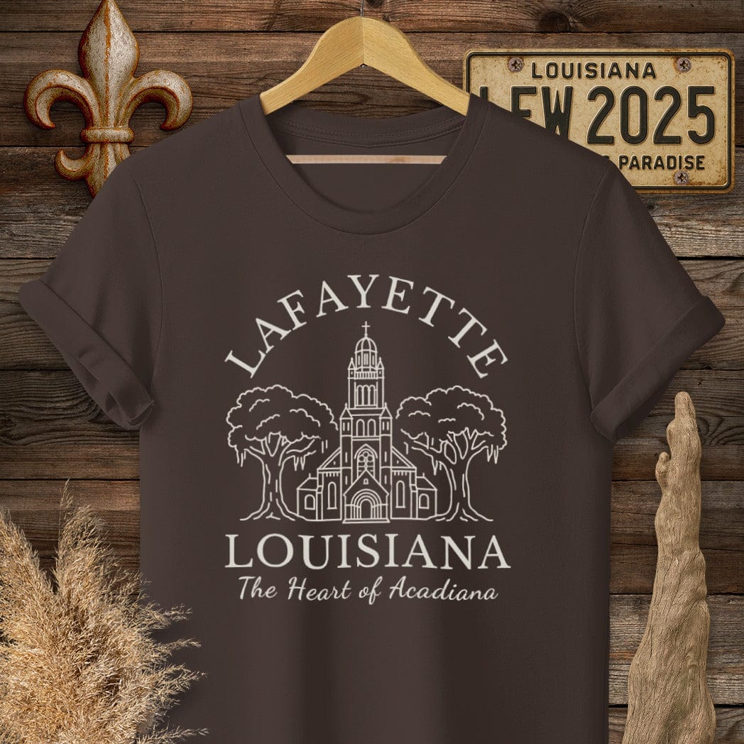S / Dark Chocolate Louisiana Lafayette - Heart of Acadiana Heritage T-Shirt by Laissez Faire Wear