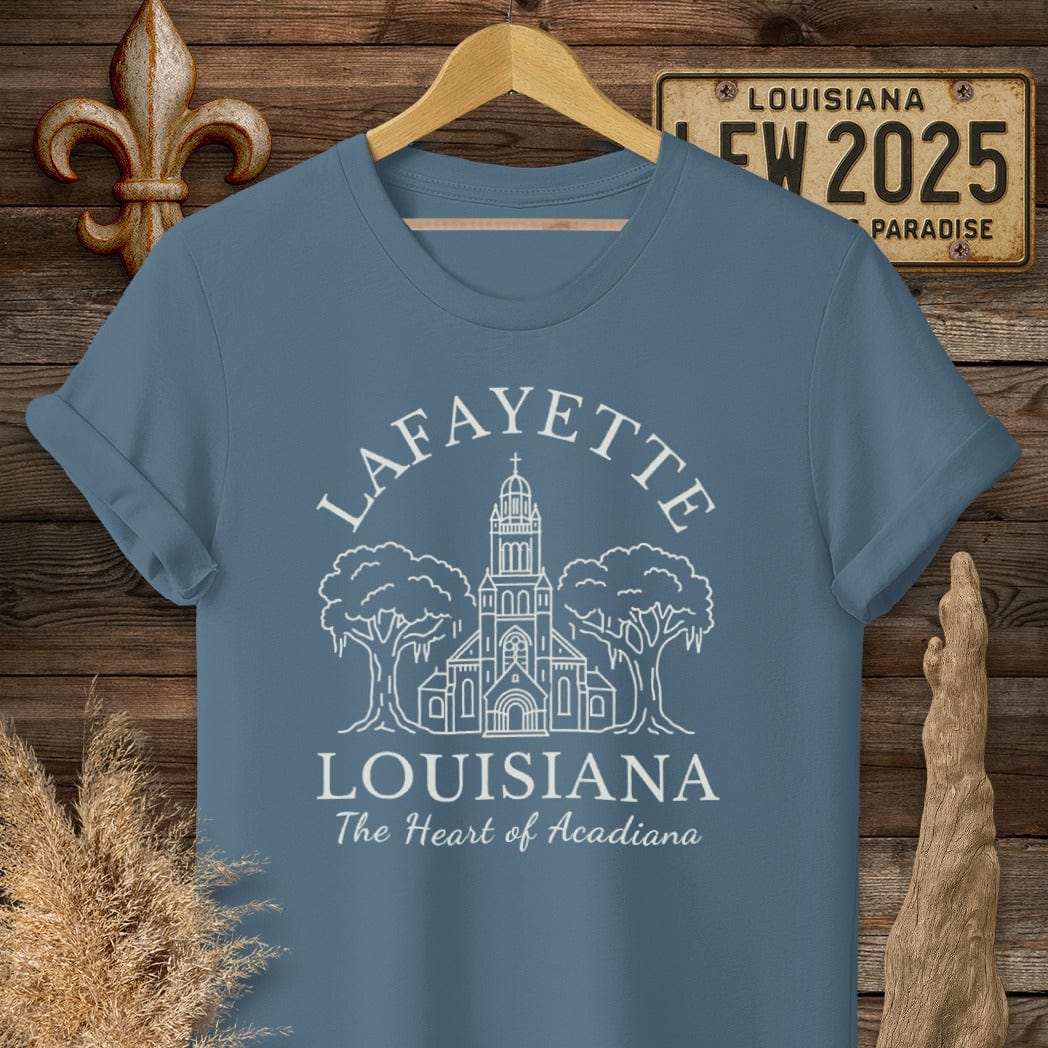S / Indigo Blue Louisiana Lafayette - Heart of Acadiana Heritage T-Shirt by Laissez Faire Wear