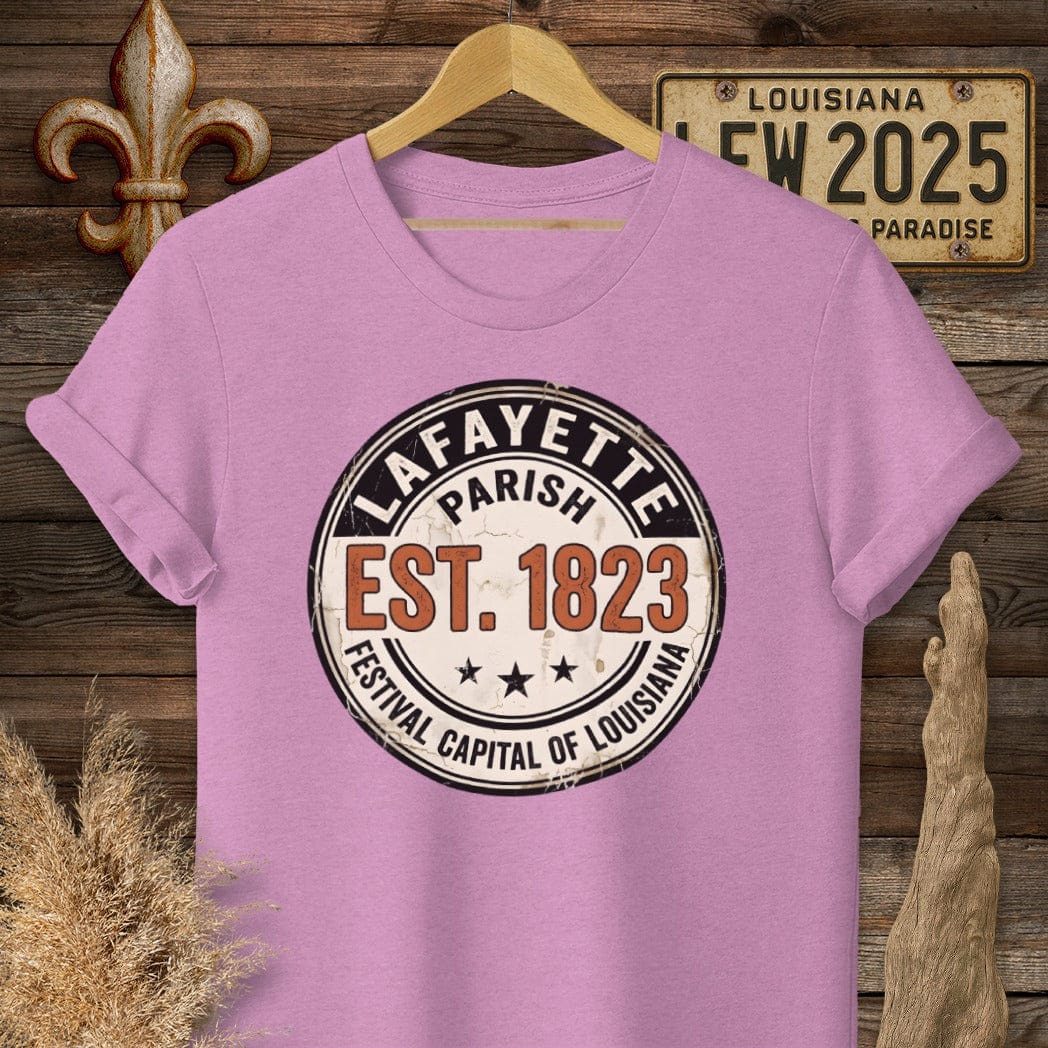 S / Heather Radiant Orchid Louisiana Lafayette Parish - Festival T-Shirt by Laissez Faire Wear