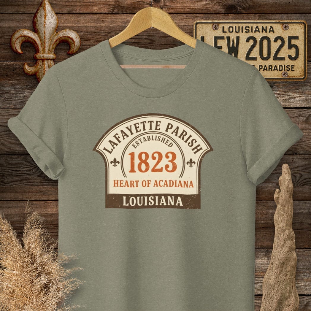 S / Heather Military Green Louisiana Lafayette Parish T-Shirt by Laissez Faire Wear