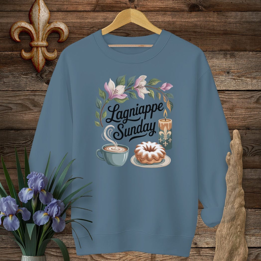 S / Indigo Blue Louisiana Lagniappe Sunday Sweatshirt by Laissez Faire Wear