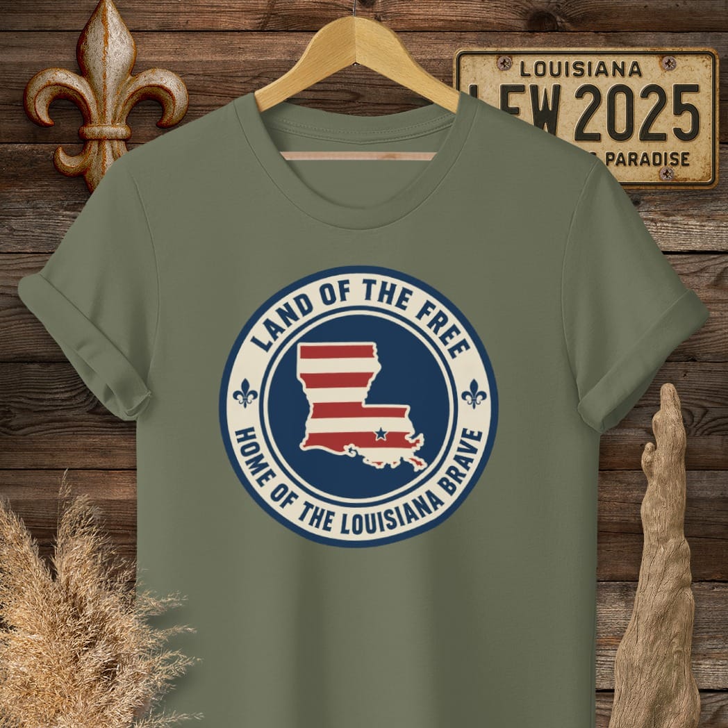S / Military Green Louisiana Land of the Free T-Shirt by Laissez Faire Wear