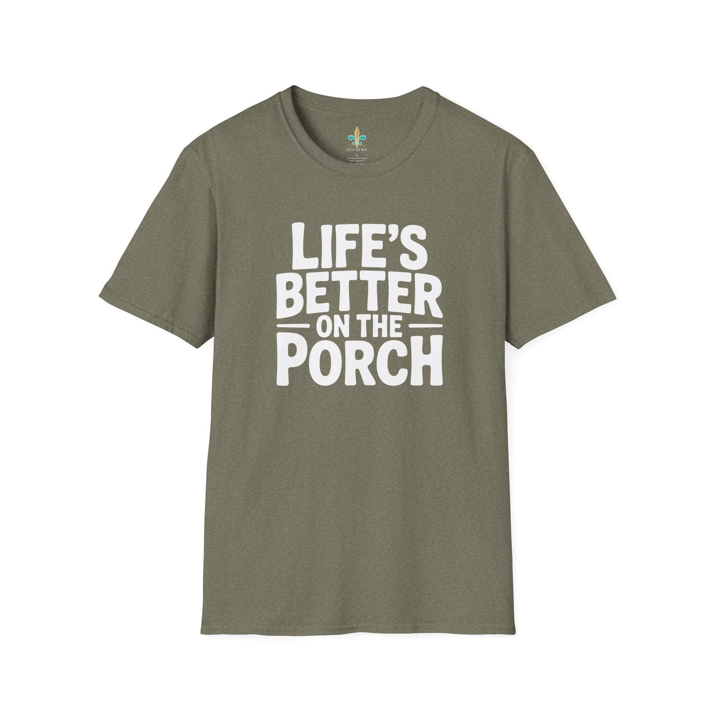Heather Military Green / S Louisiana "Life's Better on the Porch" Louisiana Expression T-Shirt by Laissez Faire Wear