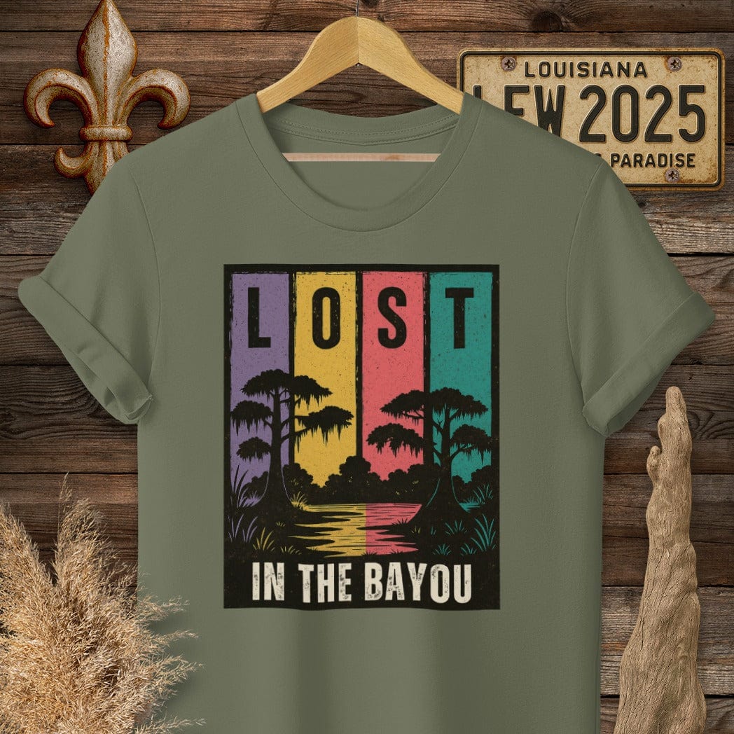 S / Military Green Louisiana Lost in the Bayou T-Shirt by Laissez Faire Wear