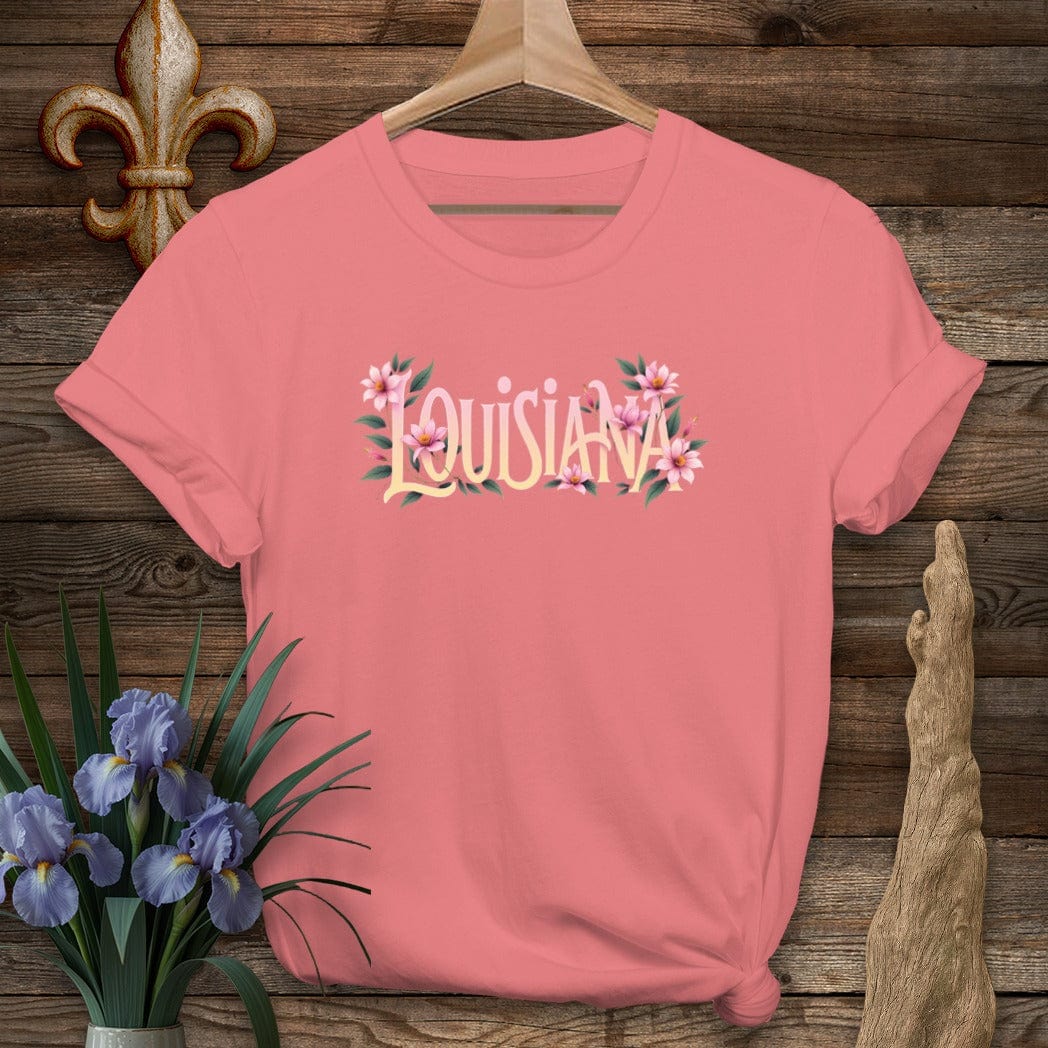S / Coral Silk Louisiana Louisiana Floral State Pride T-Shirt by Laissez Faire Wear