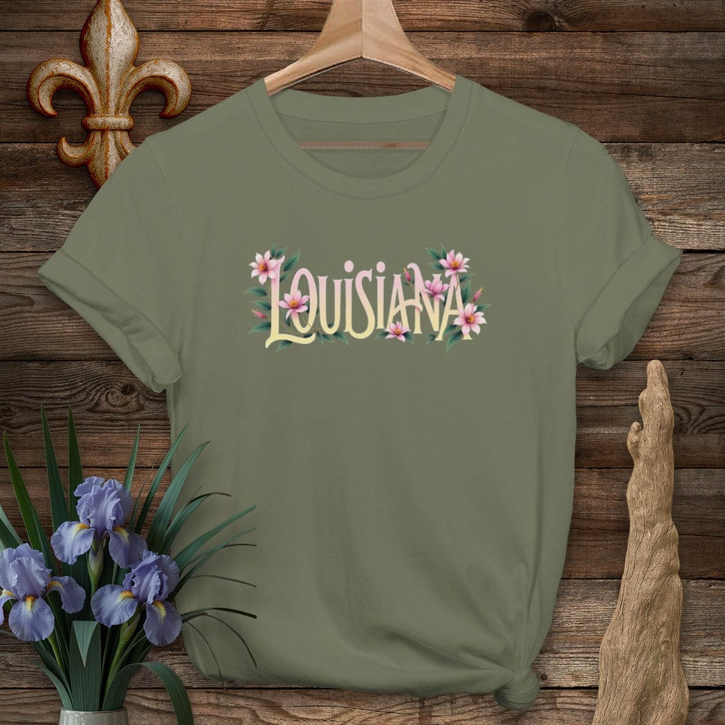 S / Military Green Louisiana Louisiana Floral State Pride T-Shirt by Laissez Faire Wear