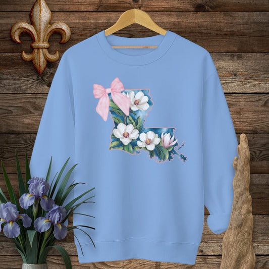 S / Carolina Blue Louisiana Louisiana State Pride Floral Coquette Sweatshirt by Laissez Faire Wear