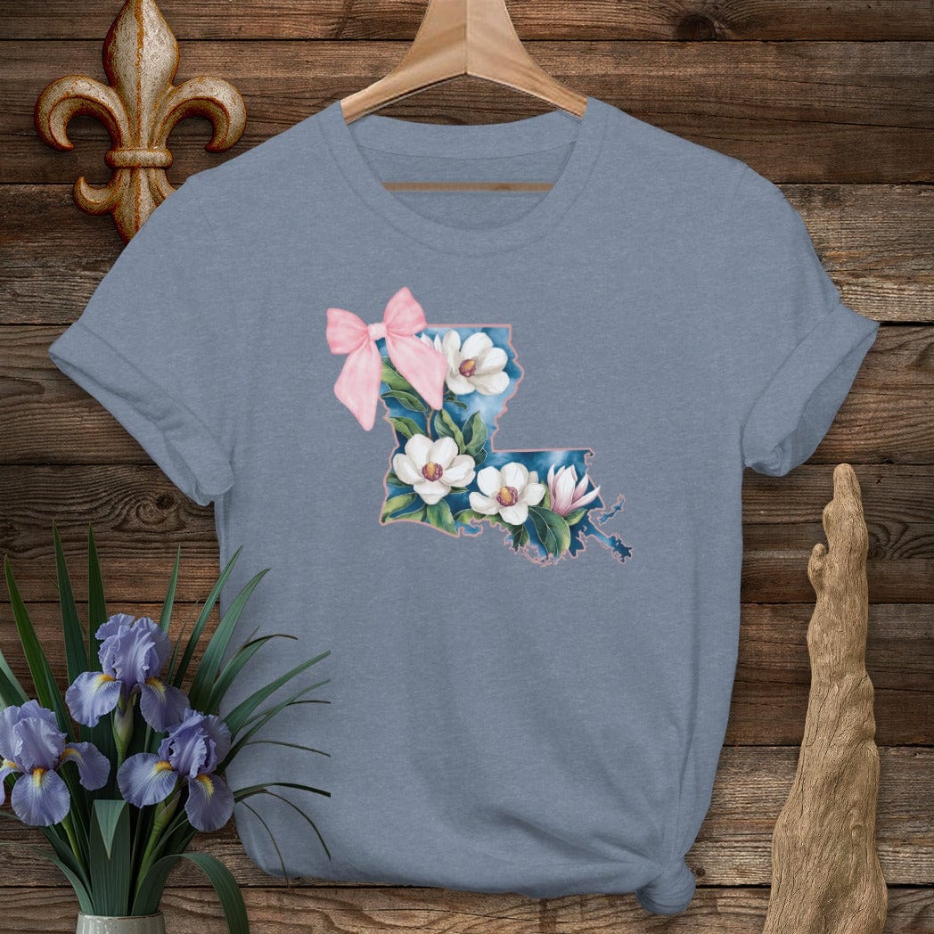 S / Heather Indigo Louisiana Louisiana State Pride Floral Coquette T-Shirt by Laissez Faire Wear