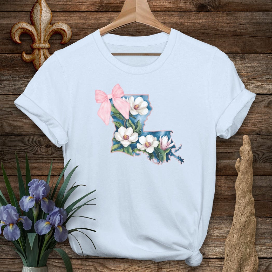 S / Light Blue Louisiana Louisiana State Pride Floral Coquette T-Shirt by Laissez Faire Wear