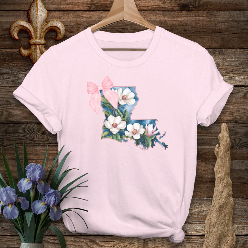 S / Light Pink Louisiana Louisiana State Pride Floral Coquette T-Shirt by Laissez Faire Wear