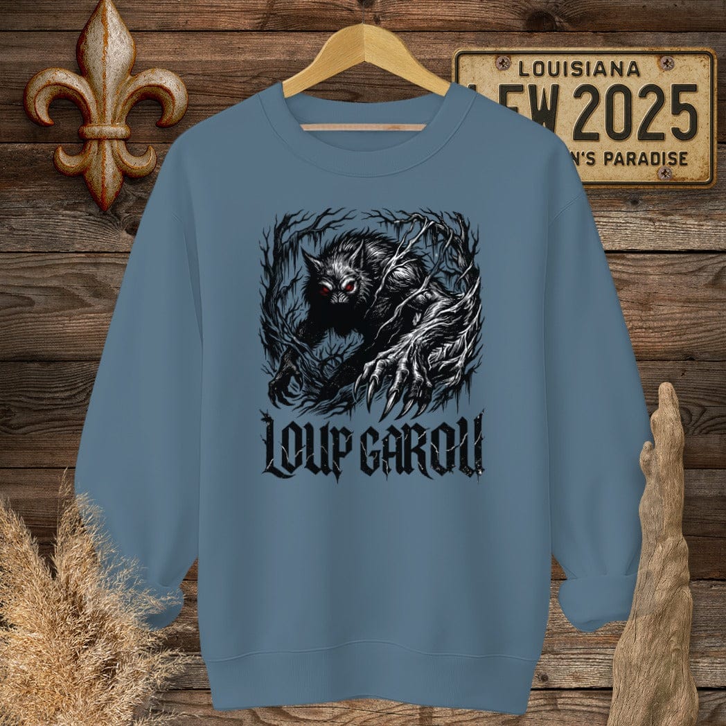 S / Indigo Blue Louisiana Loup Garou Street Wear Sweatshirt by Laissez Faire Wear