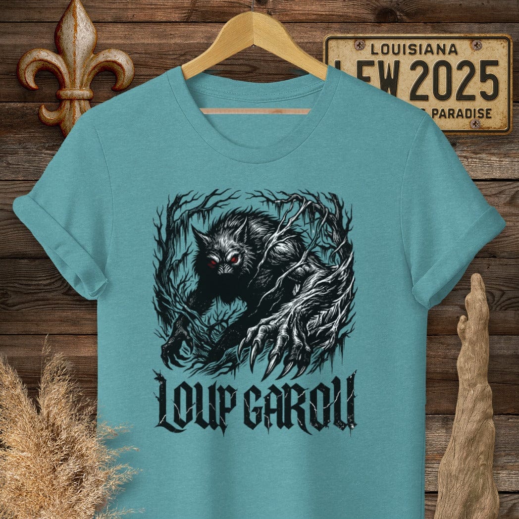 S / Heather Galapagos Blue Louisiana Loup Garou Street Wear T-Shirt by Laissez Faire Wear