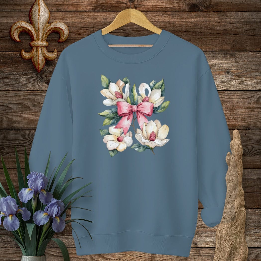 S / Indigo Blue Louisiana Magnolia Elegance Coquette Sweatshirt by Laissez Faire Wear
