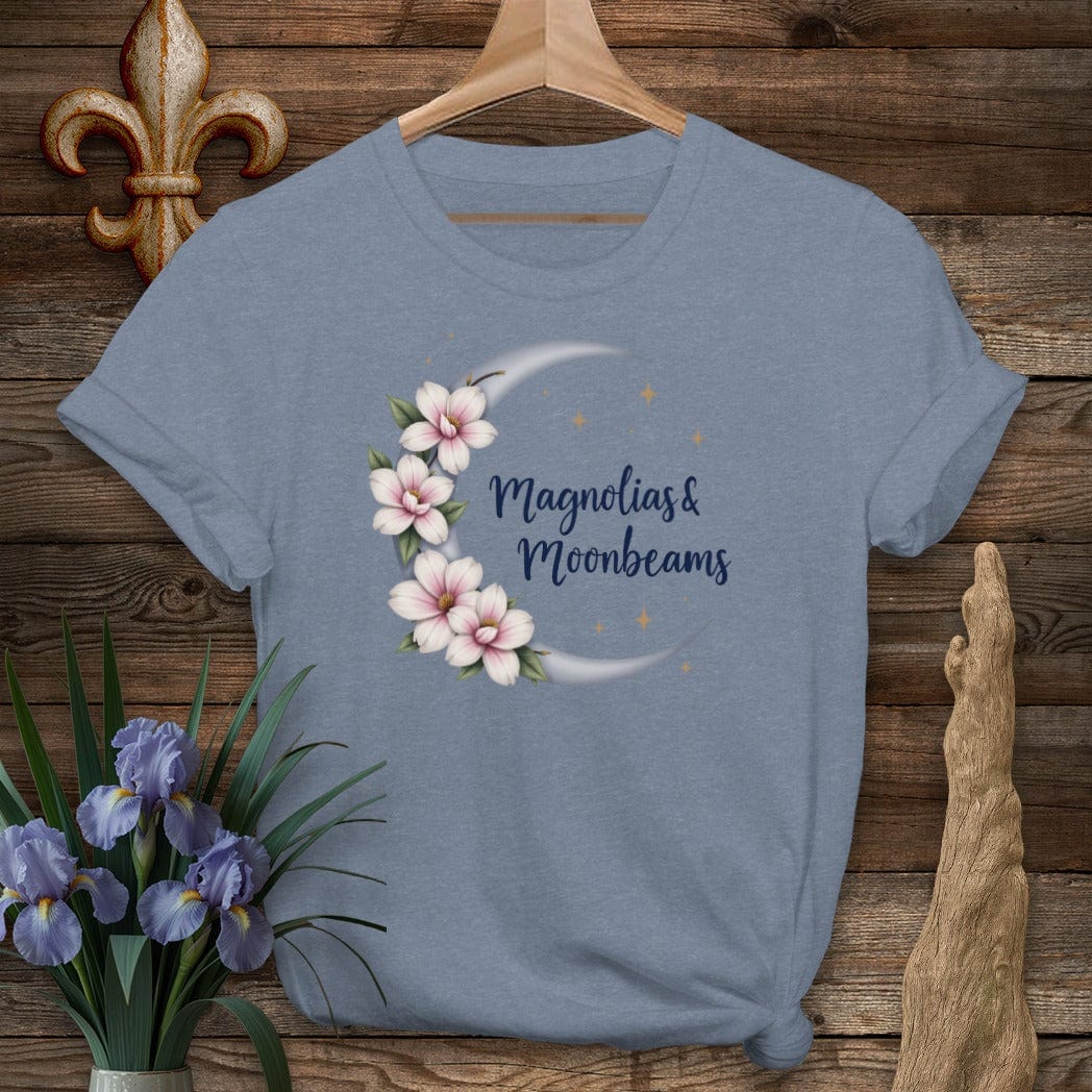 S / Heather Indigo Louisiana Magnolias And Moonbeams T-Shirt by Laissez Faire Wear