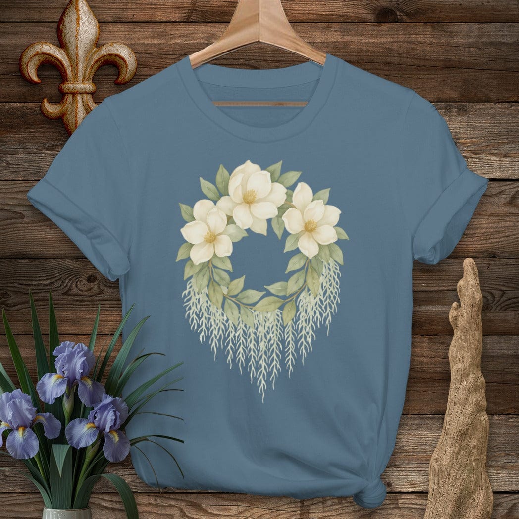 S / Indigo Blue Louisiana Magnolias & Moss T-Shirt by Laissez Faire Wear