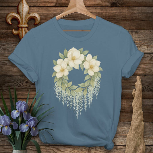 S / Indigo Blue Louisiana Magnolias & Moss T-Shirt by Laissez Faire Wear